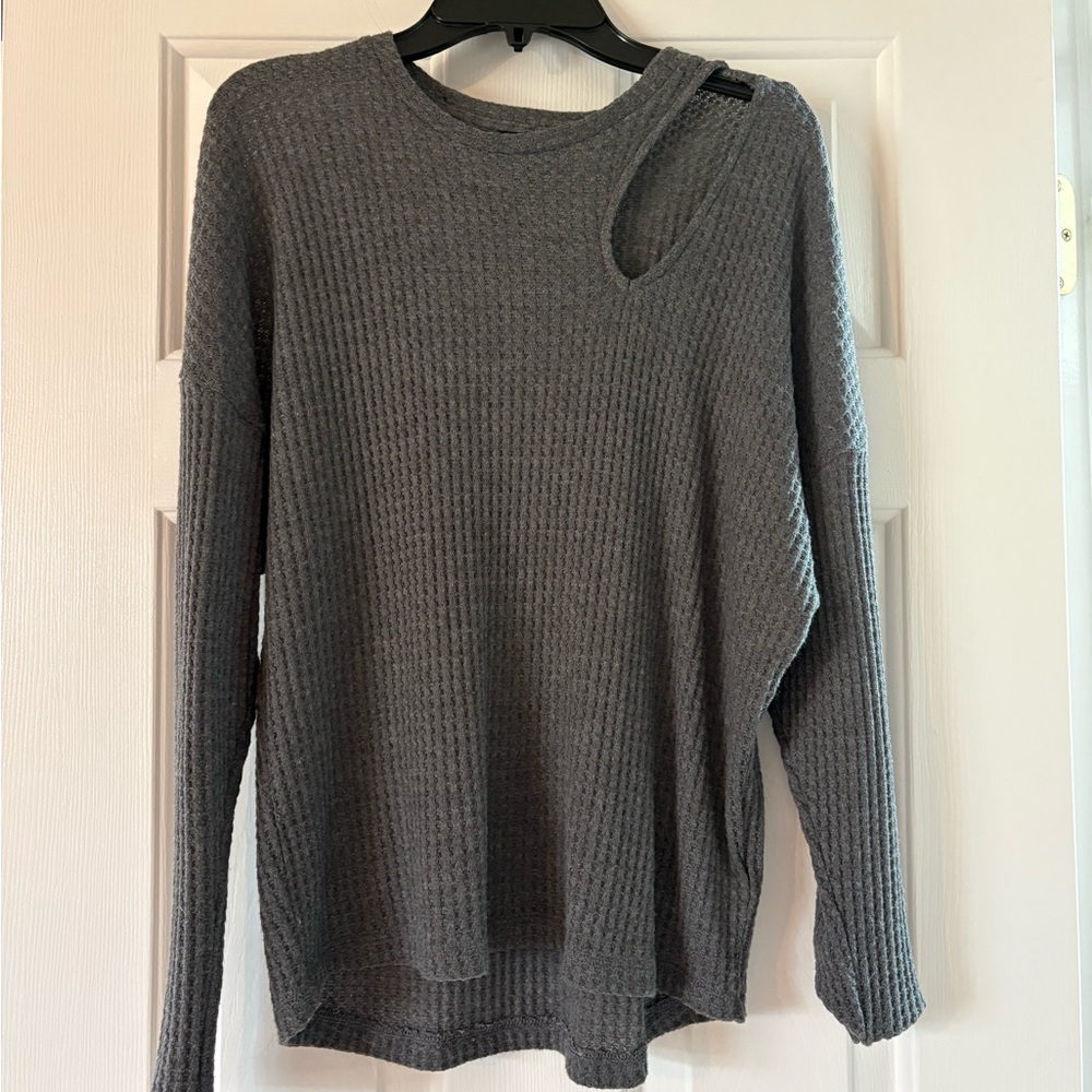 Express Gray Waffle-Knit Scoop Neck Sweater with Shoulder Cutout